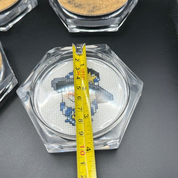 4 Acrylic Handmade Cross Stitch Snowman 4” Coasters Cork Bottom Winter Holiday - Picture 7 of 8